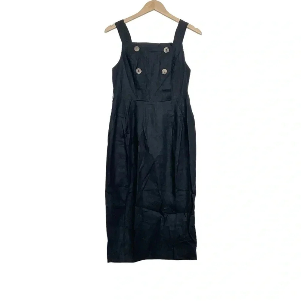 Asos Black Linen Square Neck Dress Size 6 Sleeveless With Belt